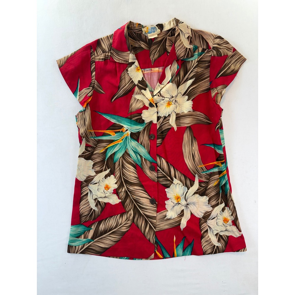 Vintage Andrade Honolulu Hawaiian Shirt Red Tropical Floral Cap Sleeve HI Made
